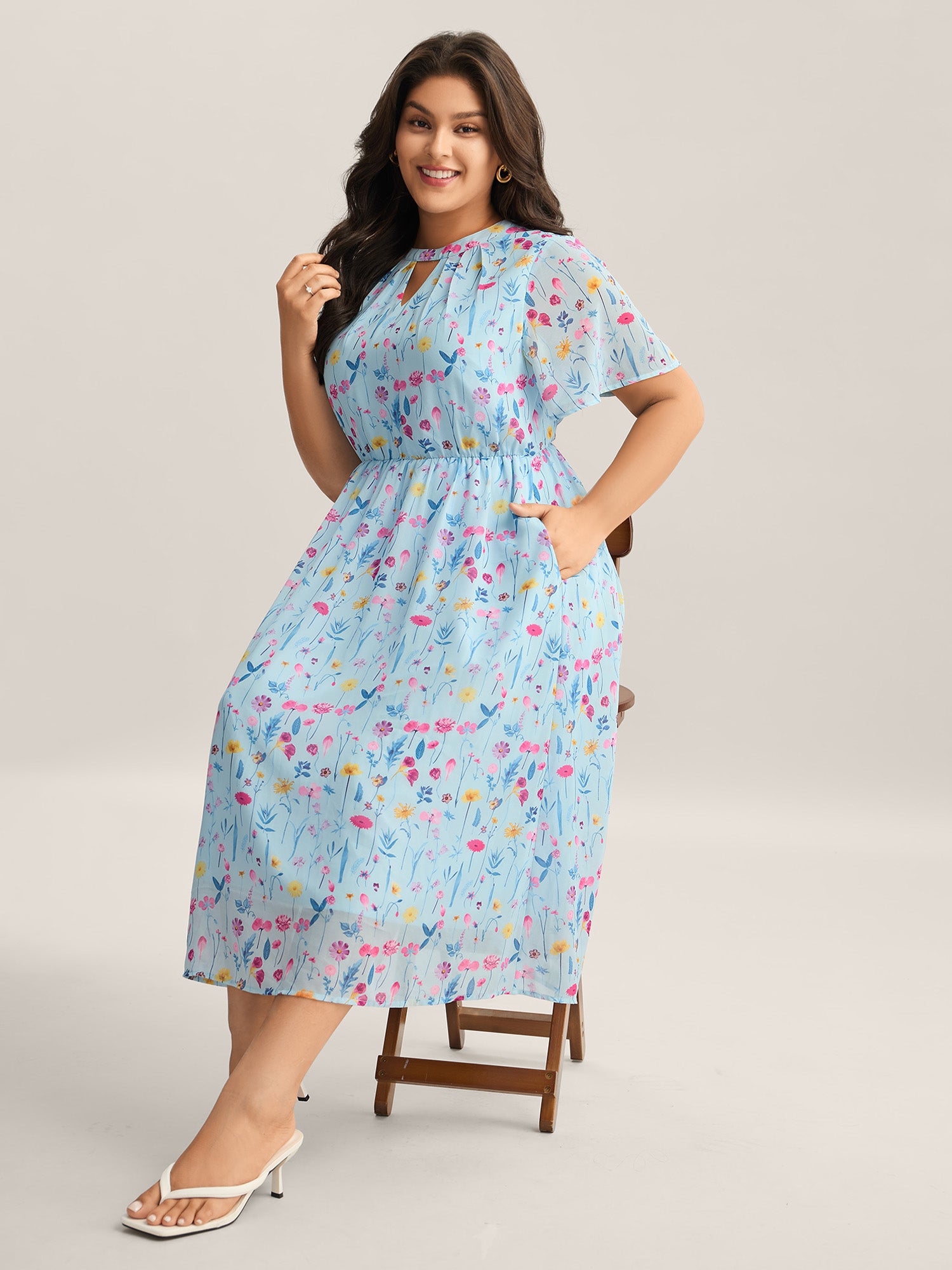 Garden Print Stretchy Sheer Midi Dress