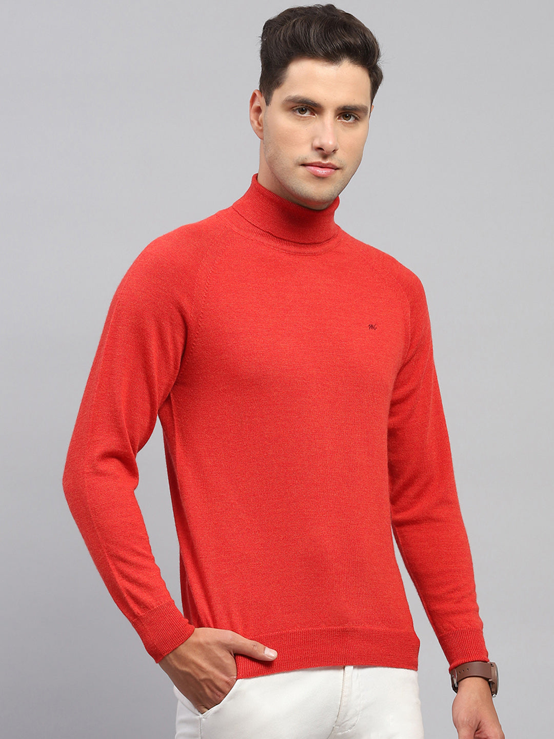 Men Red Solid Turtle Neck Full Sleeve Pullover