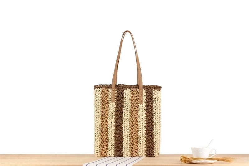 Women's Large Straw Color Block Vacation Zipper Straw Bag