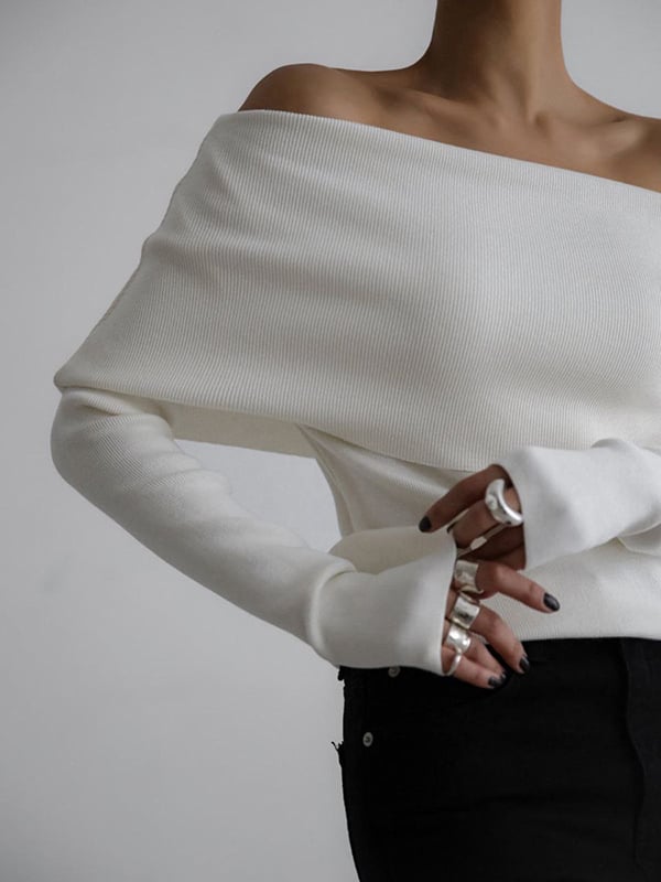 Long Sleeves Loose Solid Color Off-The-Shoulder Pullovers Sweater Tops