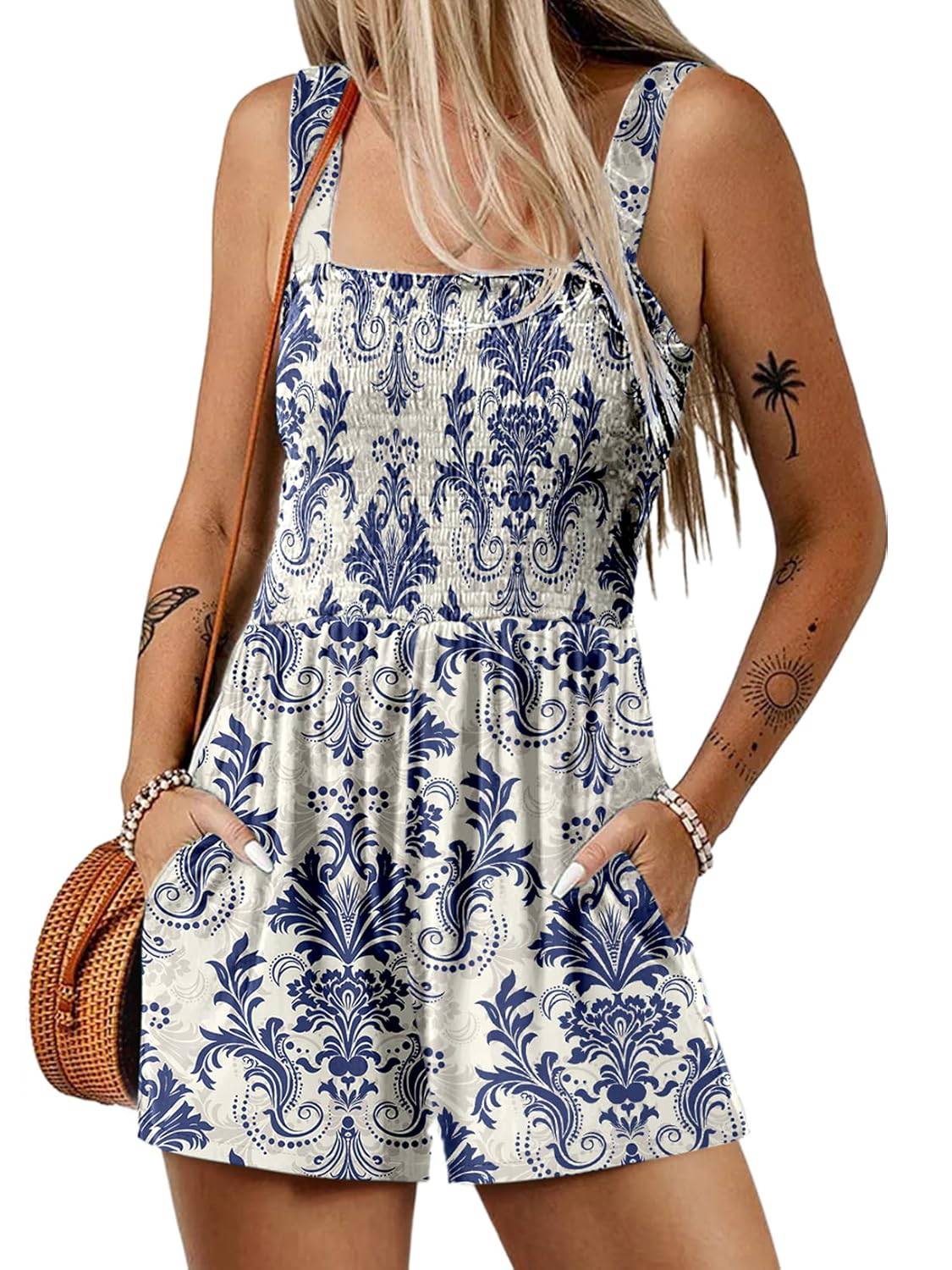 Women's Summer Square Neck Sleeveless Loose Casual Short Smocked Romper