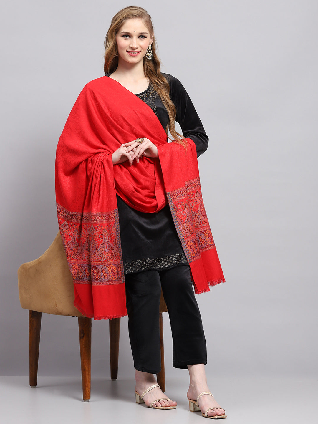 Women Red Self Design Shawl