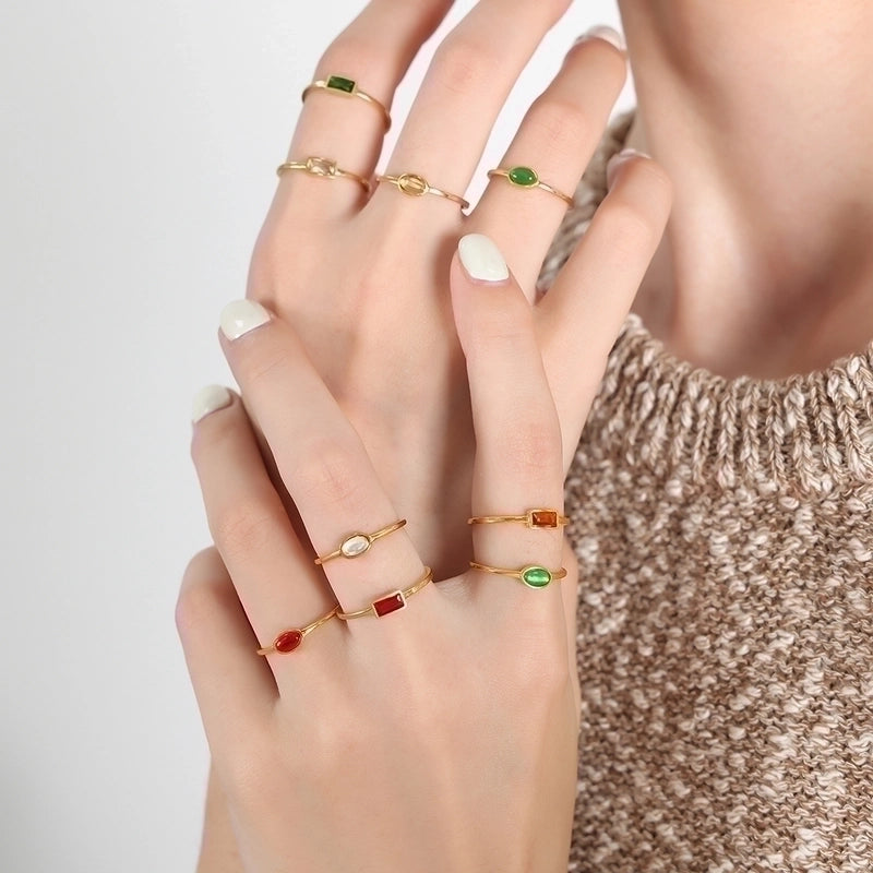 Minimalist Square Oval Titanium Steel Glass Stone Zircon 18K Gold Plated Plating Inlay Rings