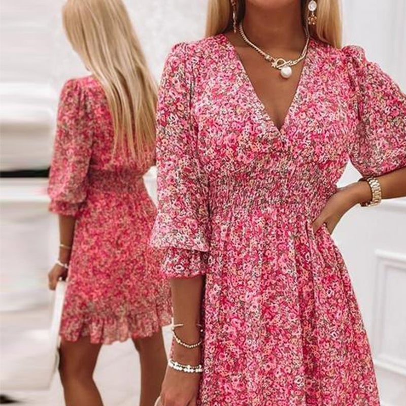 🔥Puff Sleeve Mid Waist Floral Dress