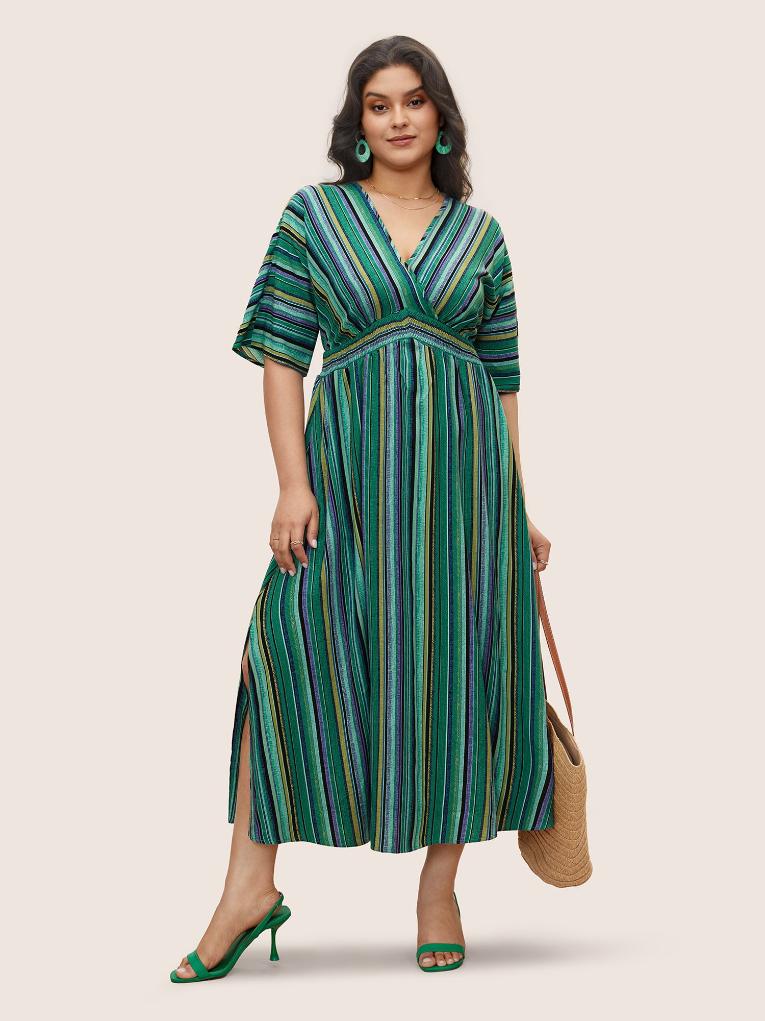 Striped Contrast Dolman Sleeve Shirred Pocket Split Flutter Dress