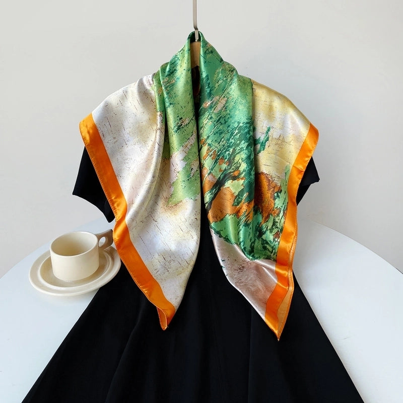 Women's Casual Printing Forest Satin Silk Scarf Kerchief Shawl