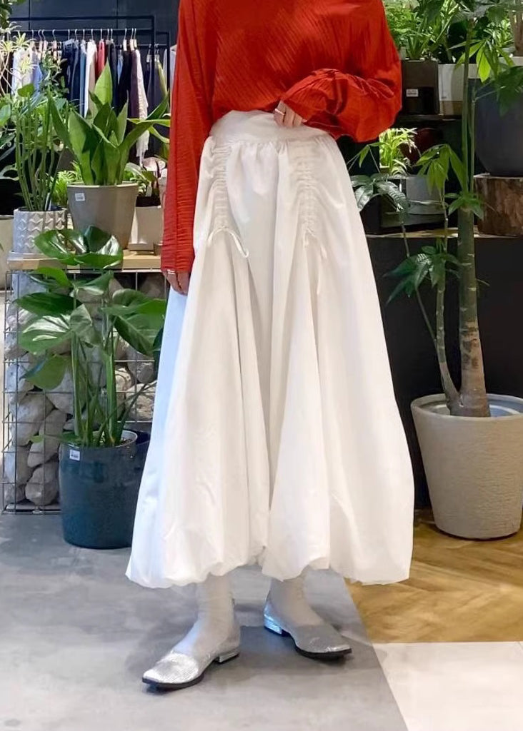 White Cotton Lantern Skirt High Waist Wrinkled Summer