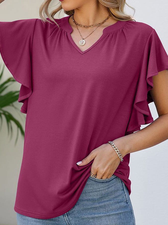 Solid V-neck Ruffled Short Sleeved Casual Top