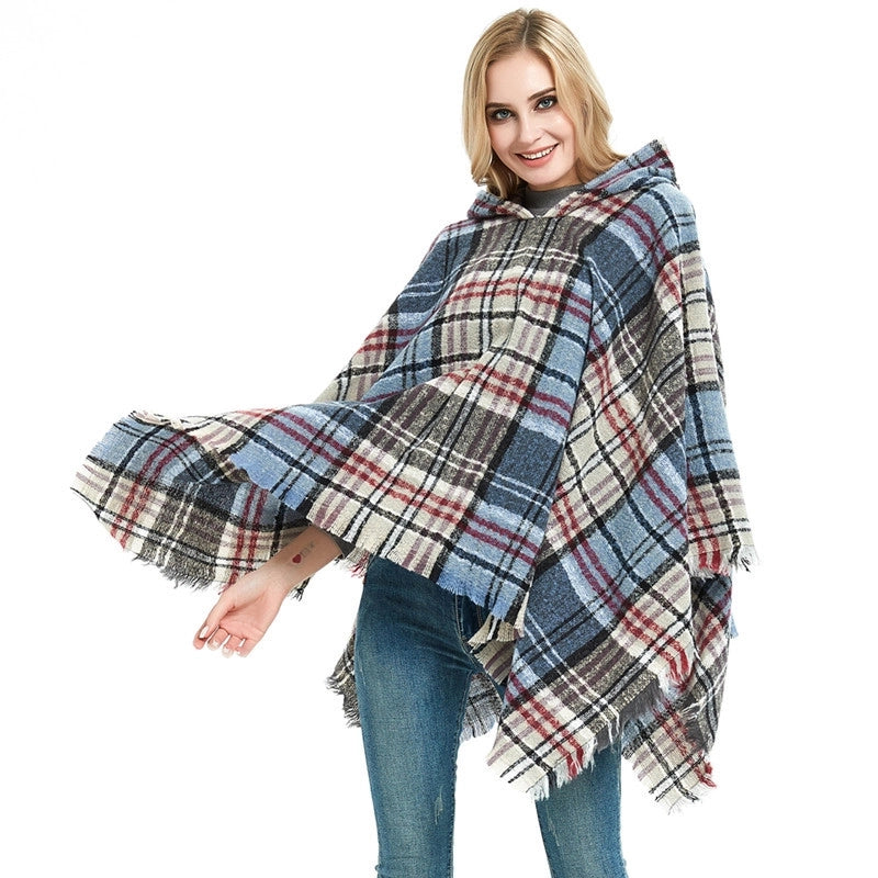 Direct New Cape Europe And The United States Spring And Autumn And Winter New Barbed Wool Pullover Plaid Hat Cape Shawl