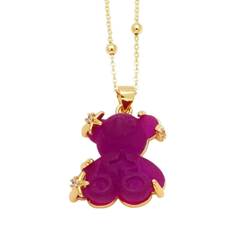 Copper Gold Plated Cute Minimalist Bear Inlay Resin Zircon Pendant Necklace