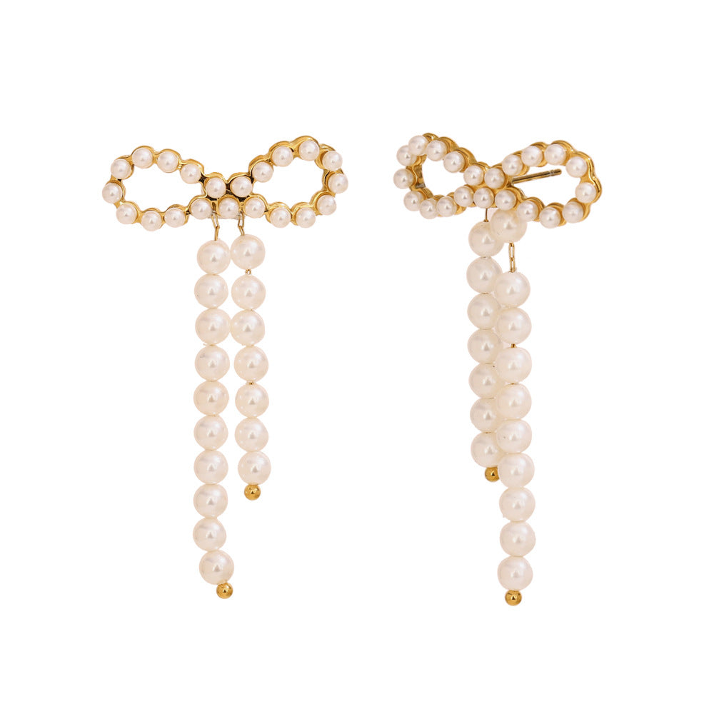 Vintage Stainless Steel 18K Gold Plated O-Shaped Hollow Pumpkin Trapezoidal Pearl Bow Earrings For Women