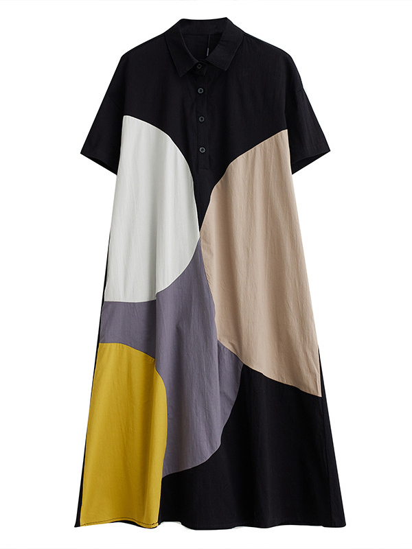 Loose Oversize Color-Block Contrast Color Split-Joint Lapel Midi Dresses Shirt Dress