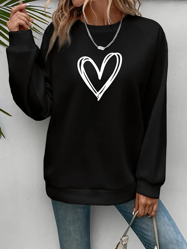 Long Sleeves Loose Heart Print Split-Joint Round-Neck Sweatshirt Tops