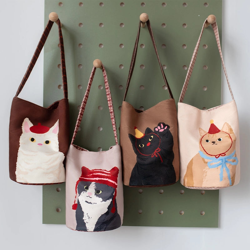 Women's Small Polyester Cat Streetwear Sewing Thread Cylindrical Hidden Buckle Handbag