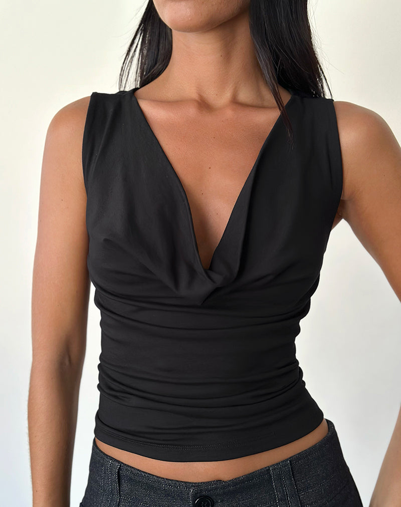 Reni Cowl Neck Top in Black Rayon Jersey