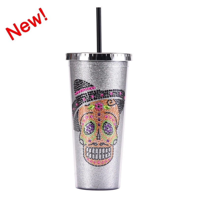 New Double-layer Plastic Straw Cup Creative Halloween Skull Head Large Capacity Drink Cup