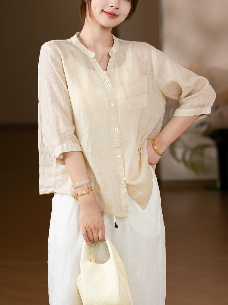 Women Summer Vintage Pure Color V-Neck 100%Ramie Shirt