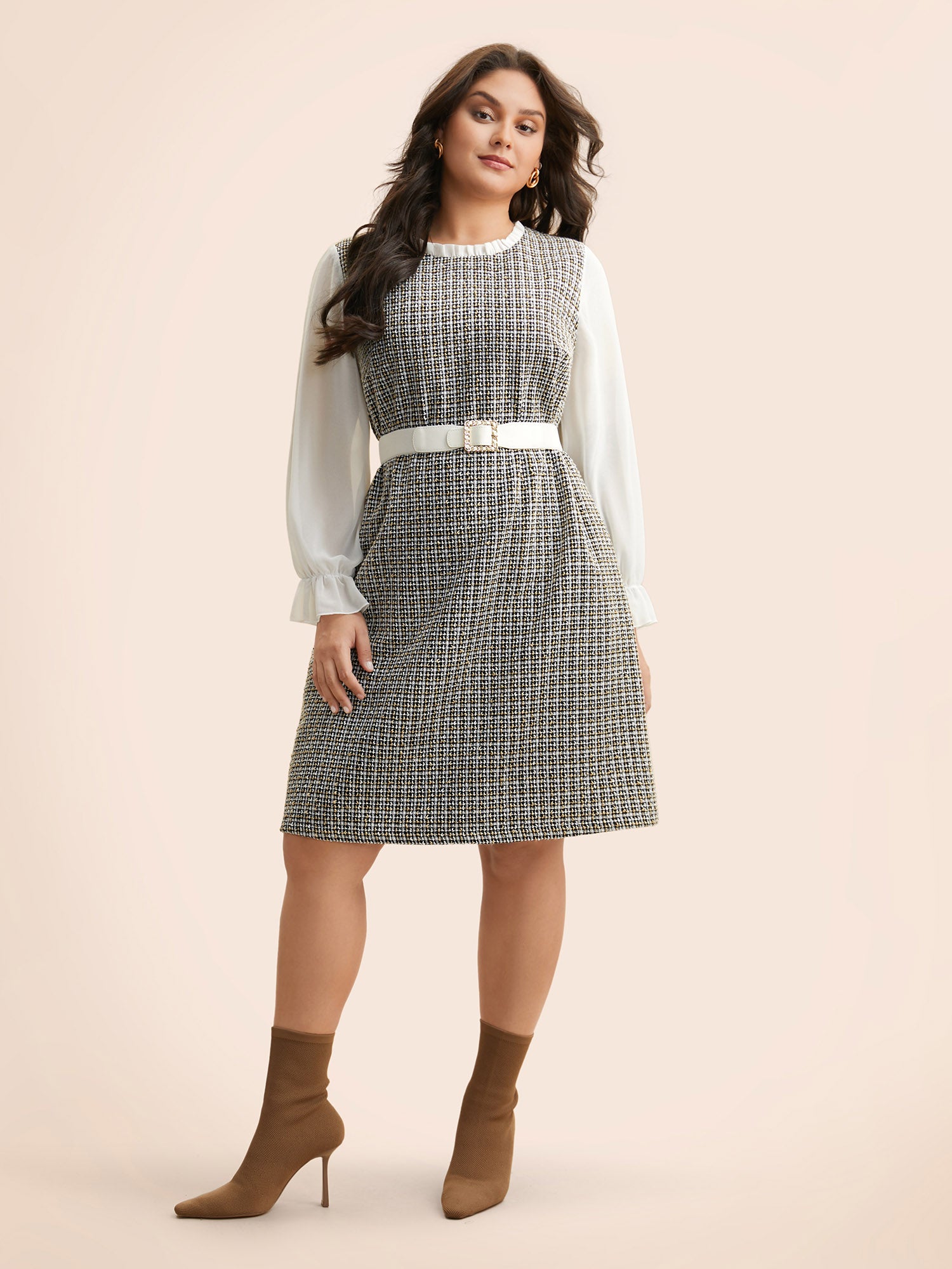 Tweed Patchwork Ruffle Trim Dress