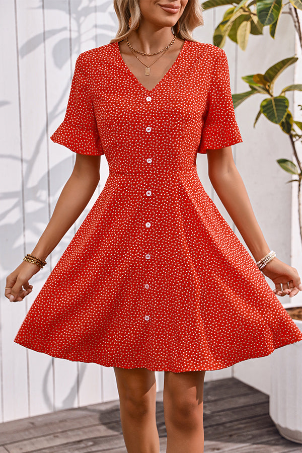 Fashion V Neck Floral Print Button Casual Dress