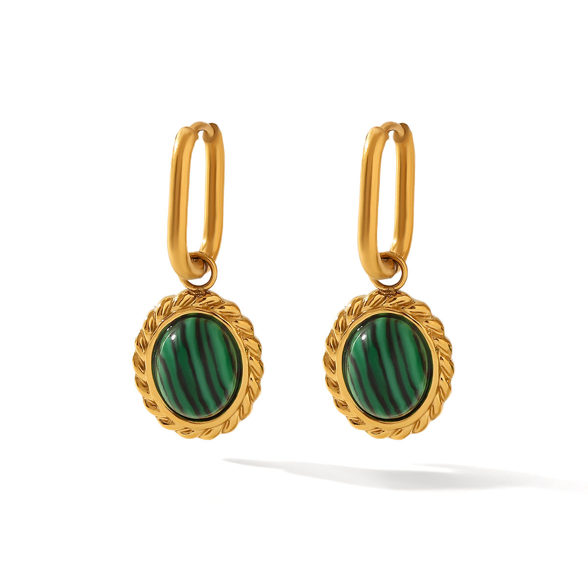 Retro Style Twisted Oval Stainless Steel Inlaid Malachite Pendant Earrings For Women