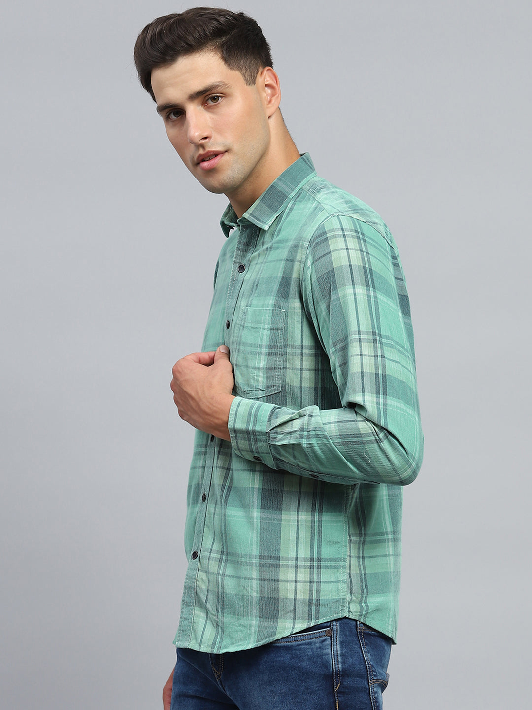 Men Green Check Collar Full Sleeve Shirt