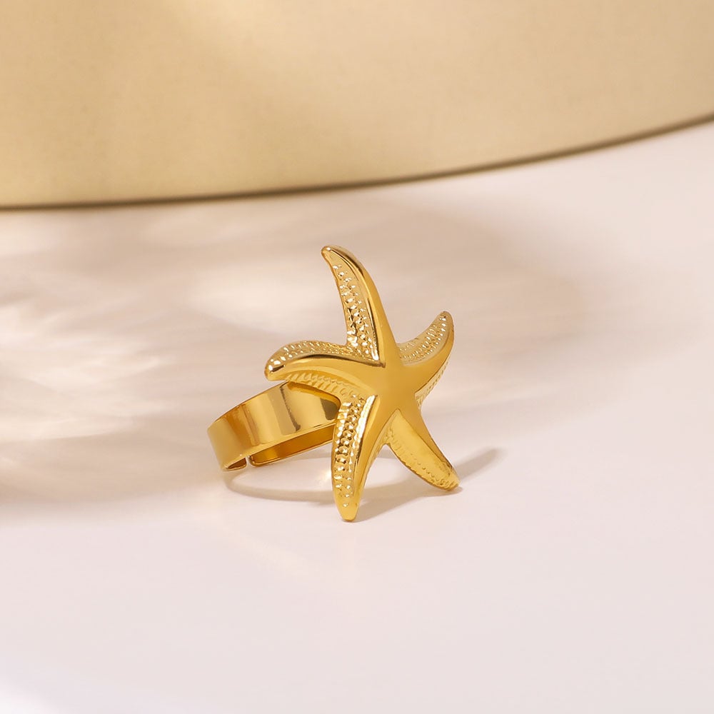 Fashion Starfish Beach Ocean Trend Stainless Steel Open Ring Five-Pointed Star 18K Gold Ring Female