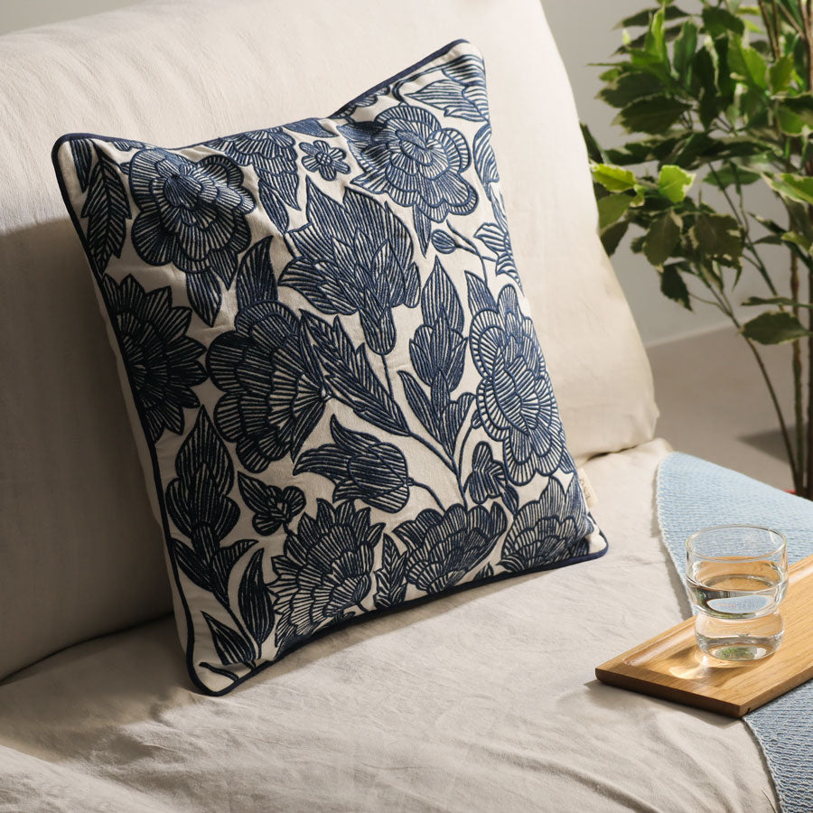 Flora Embroidered Cushion Cover - Dark Blue