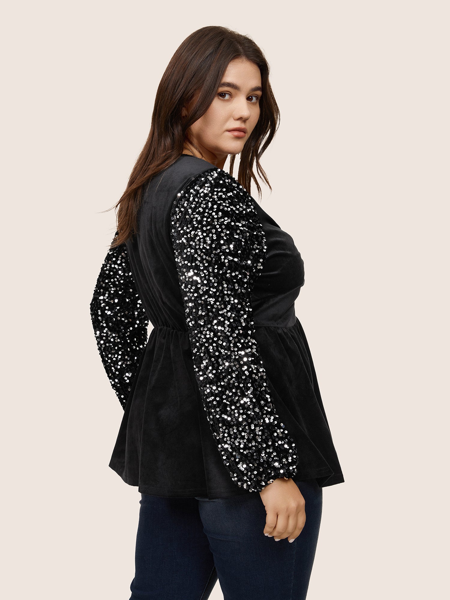Patchwork Velvet Twist Front Elastic Waist Sequin Blouse