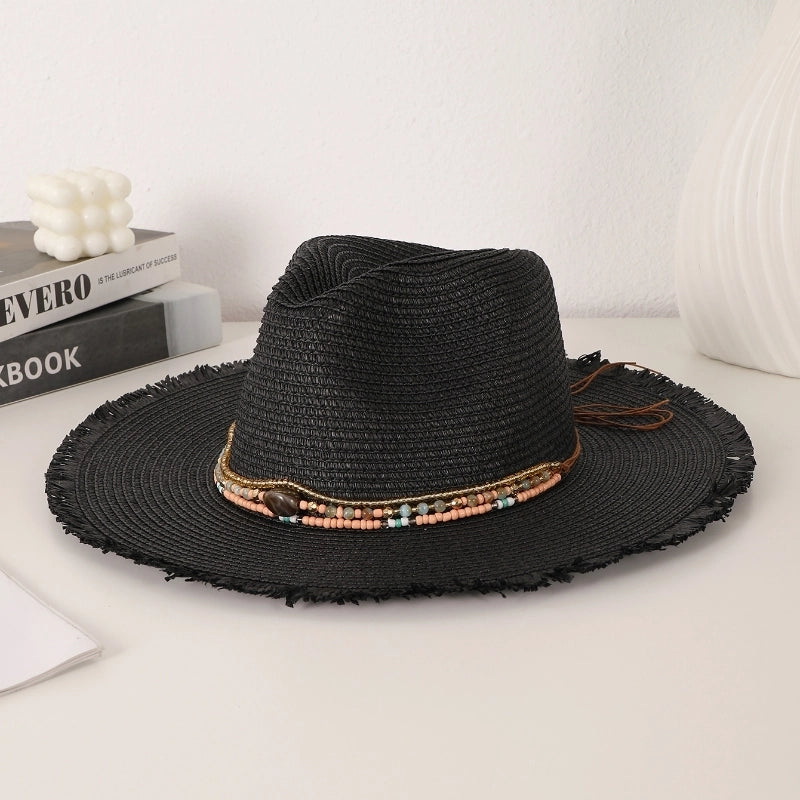 Women's Vacation Beach Solid Color Beaded Straps Wide Eaves Straw Hat