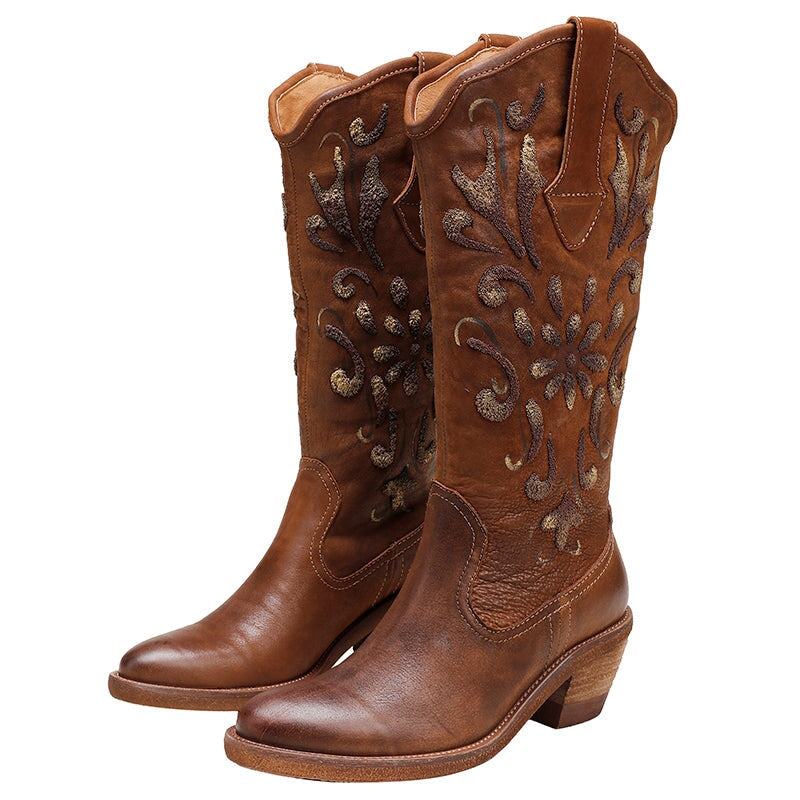 Womens Contrast Flowers Carving Western Boots Knee High Leather Cowboy Boots in Black/Coffee