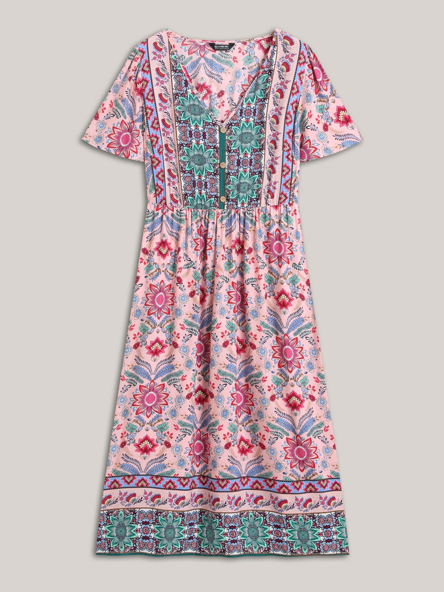 Rayon Floral Print A-Line Buttons Midi Dress