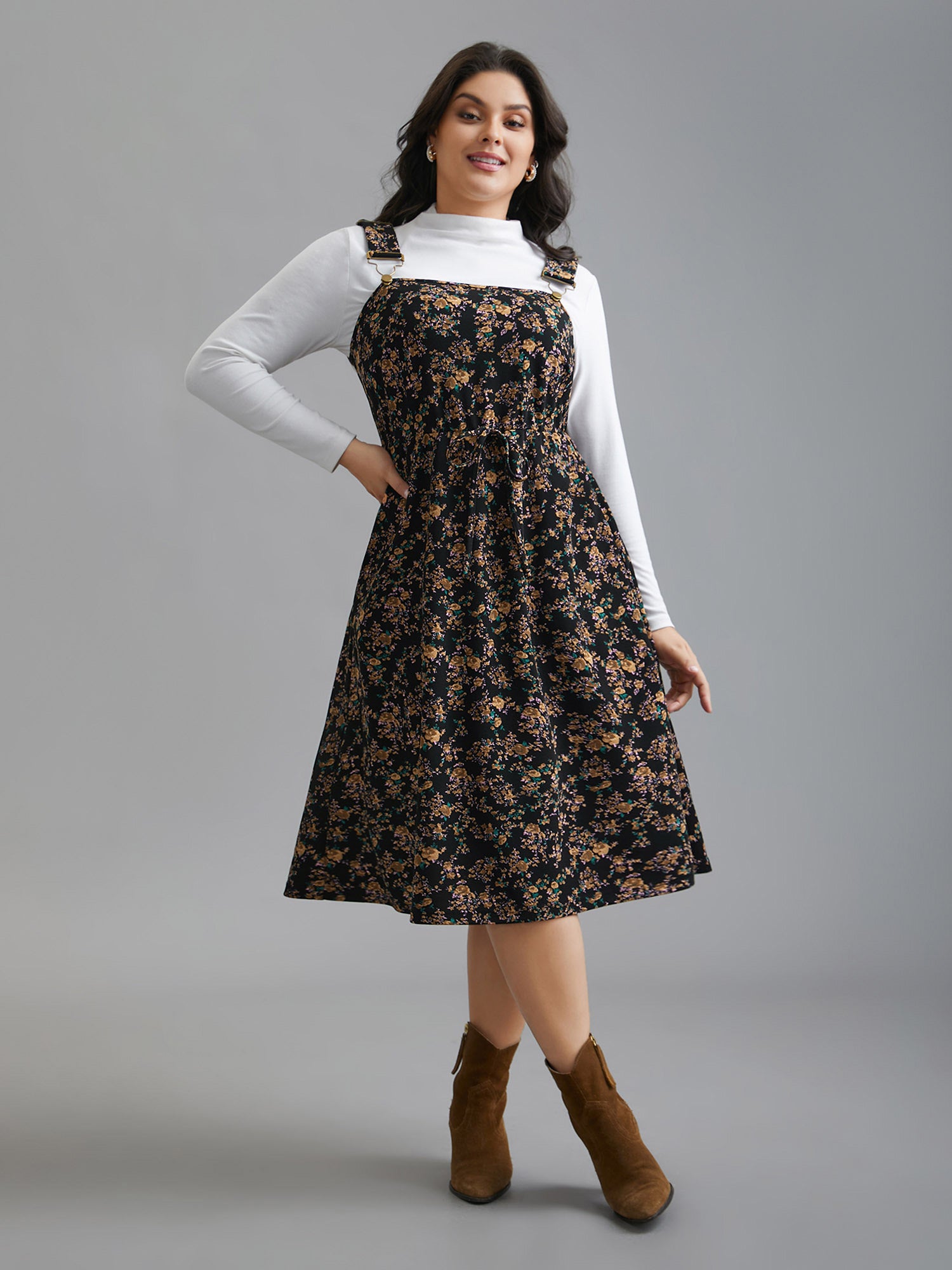 Ditsy Floral Adjustable Straps Drawstring Dress