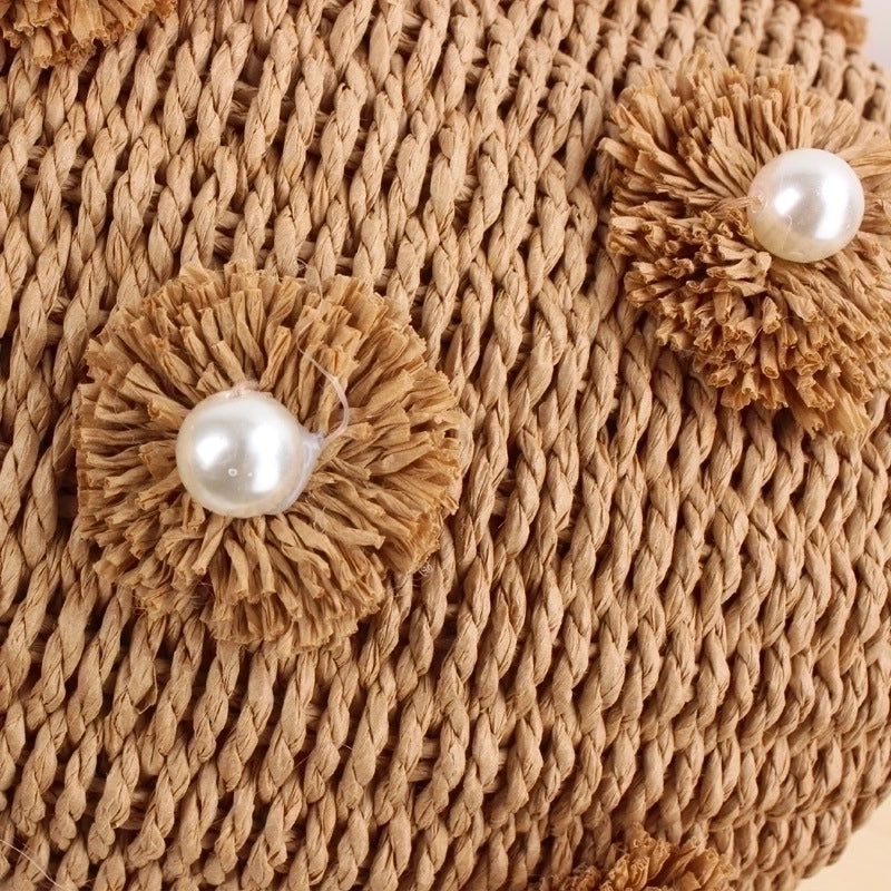 New Hand-carried Hand-woven Flower Pearl Bucket Straw Woven Bag 19*14*12cm