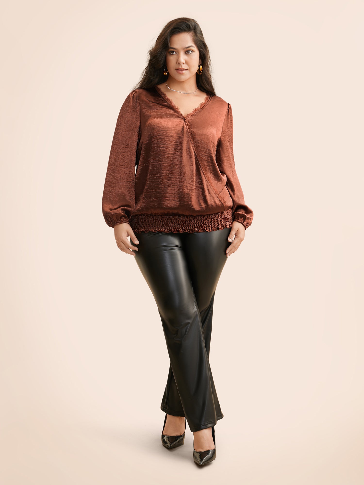 Overlap Collar Shirred Lace Trim Blouse