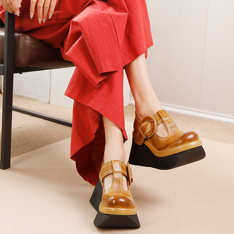 80mm Heel Chunky Platform T-Straps Cowhide Wedges Mary Jane in Khaki/Black