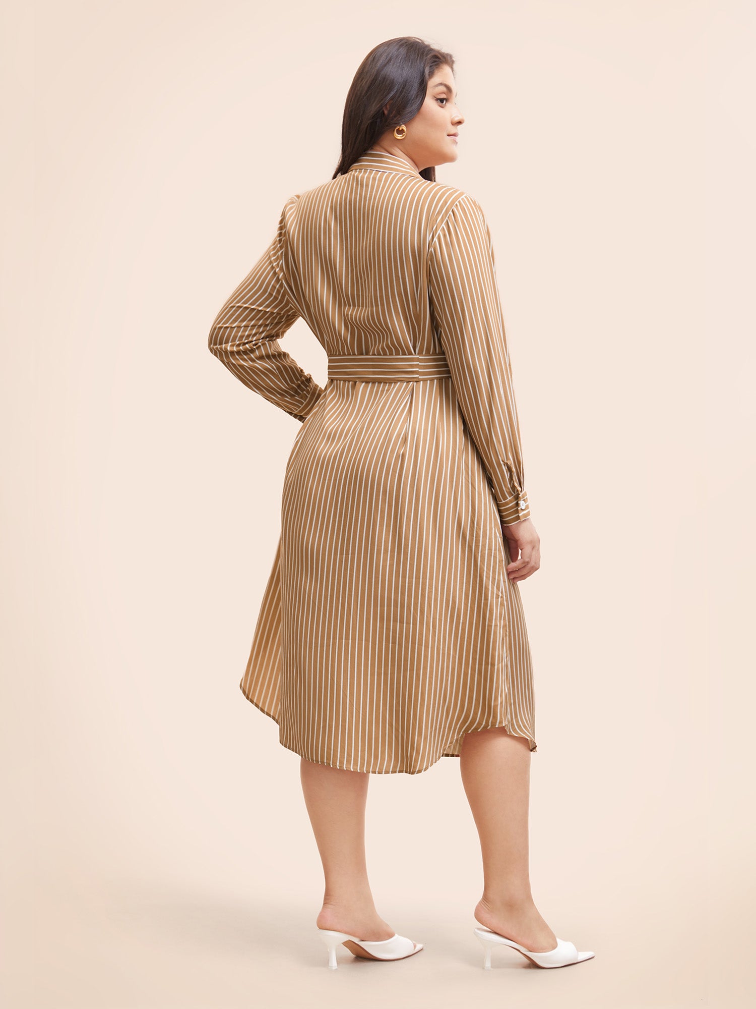 Striped Shirt Collar Curved Hem Midi Dress