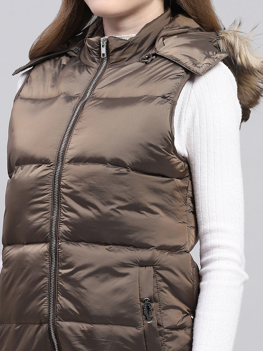 Women Brown Solid Detachable Hood Sleeveless Jacket