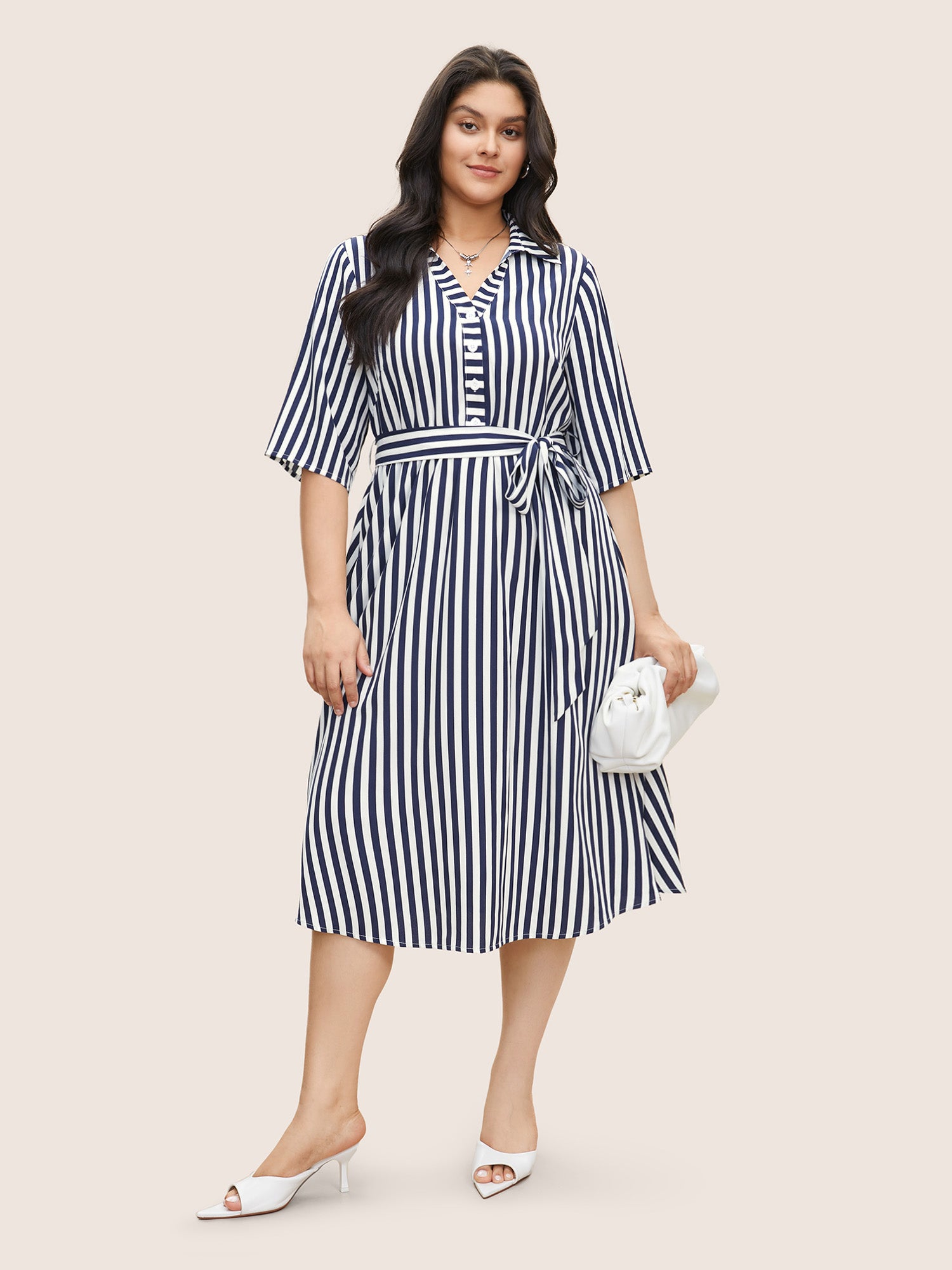 Striped Belted Shirt Collar Button Up Dress