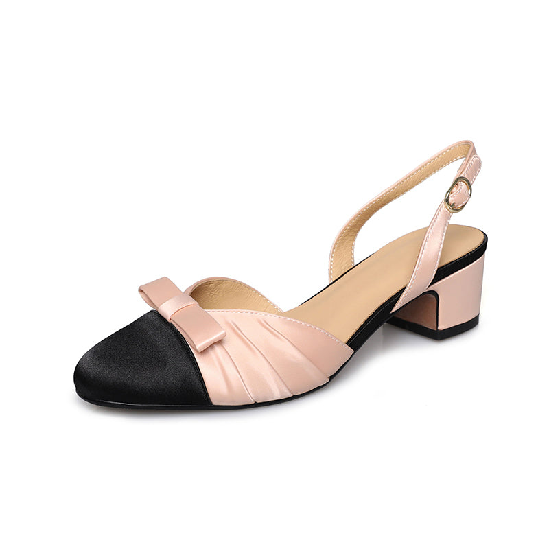 Elegant Colorblock Slingback Sandals with Bow Satin Closed-Toe Dress Shoes in Green/White/Pink