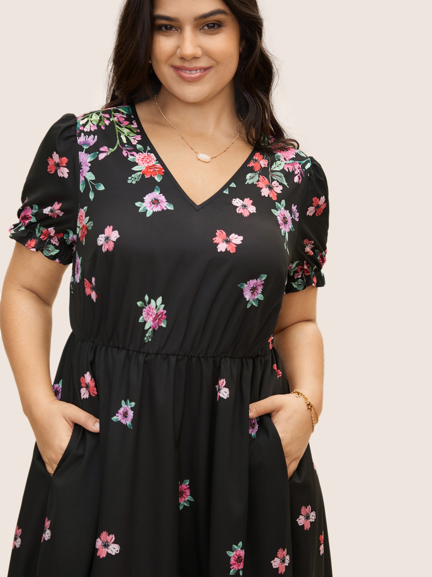 Boho Print V Neck Elastic Waist Dress