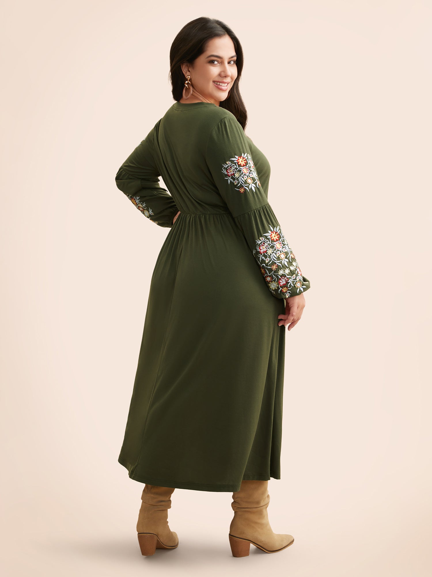 Floral Embroidered Elastic Waist Gathered Dress