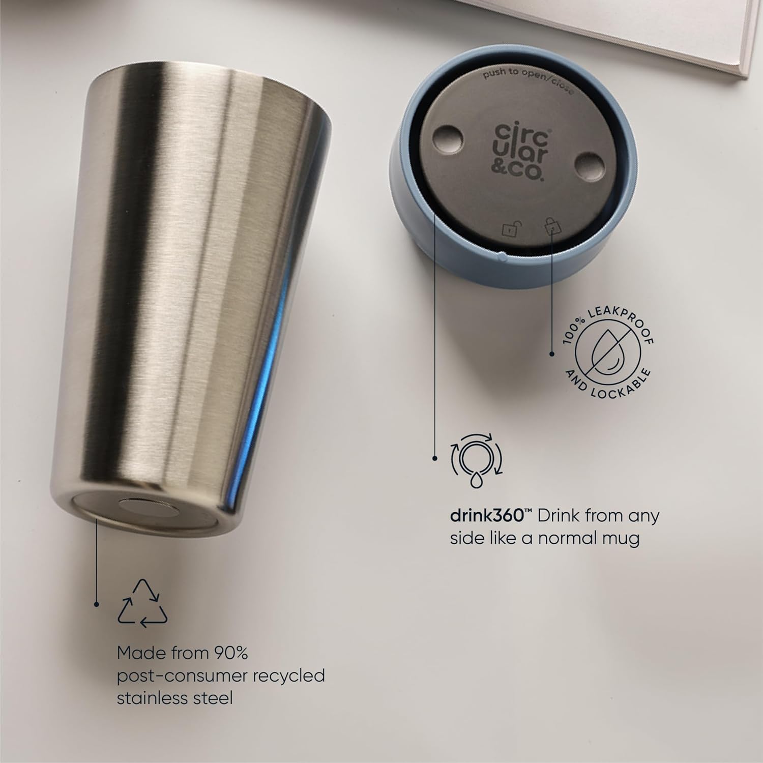 Circular & Co Thermal Stainless Steel Travel Mug - 8oz/227ml - Insulated Reusable Coffee Cup - 100% Leakproof & Lockable - 6 Hours Hot/Cold - Push Top, One Hand Open, 360 Drinking Coffee Tumbler