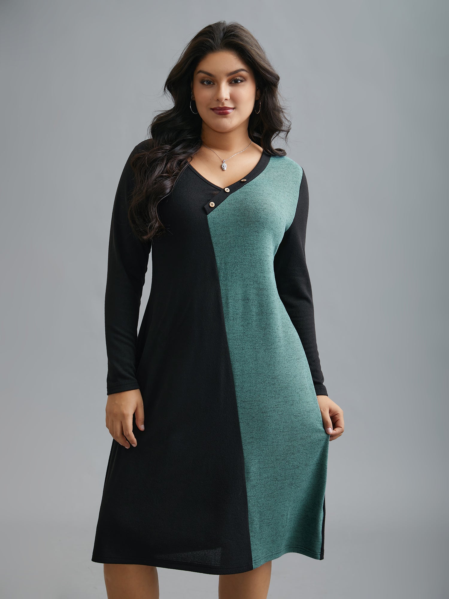 V Neck Contrast Patchwork Button Detail Dress
