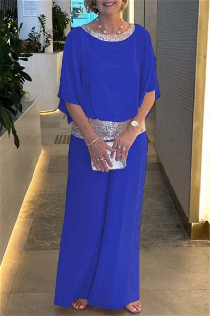 Casual Solid Color Sequins Patchwork O Neck Half Sleeve Two Pieces