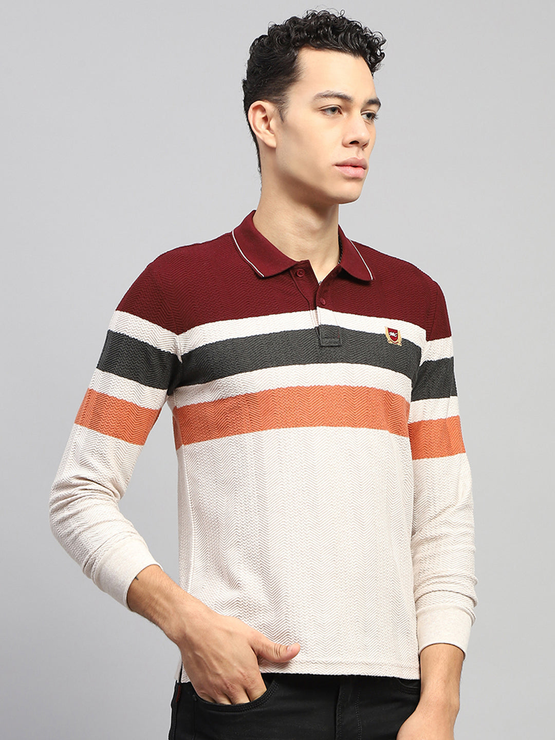 Men Maroo & White Stripe Collar Full Sleeve Winter T-Shirt