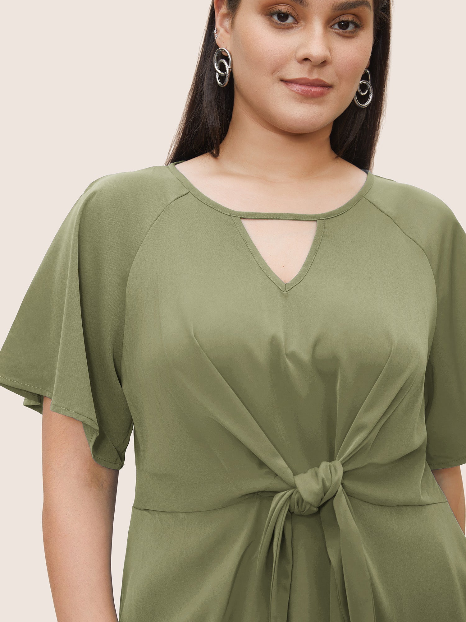 Plain Keyhole Knotted Front Ruffle Sleeve Blouse