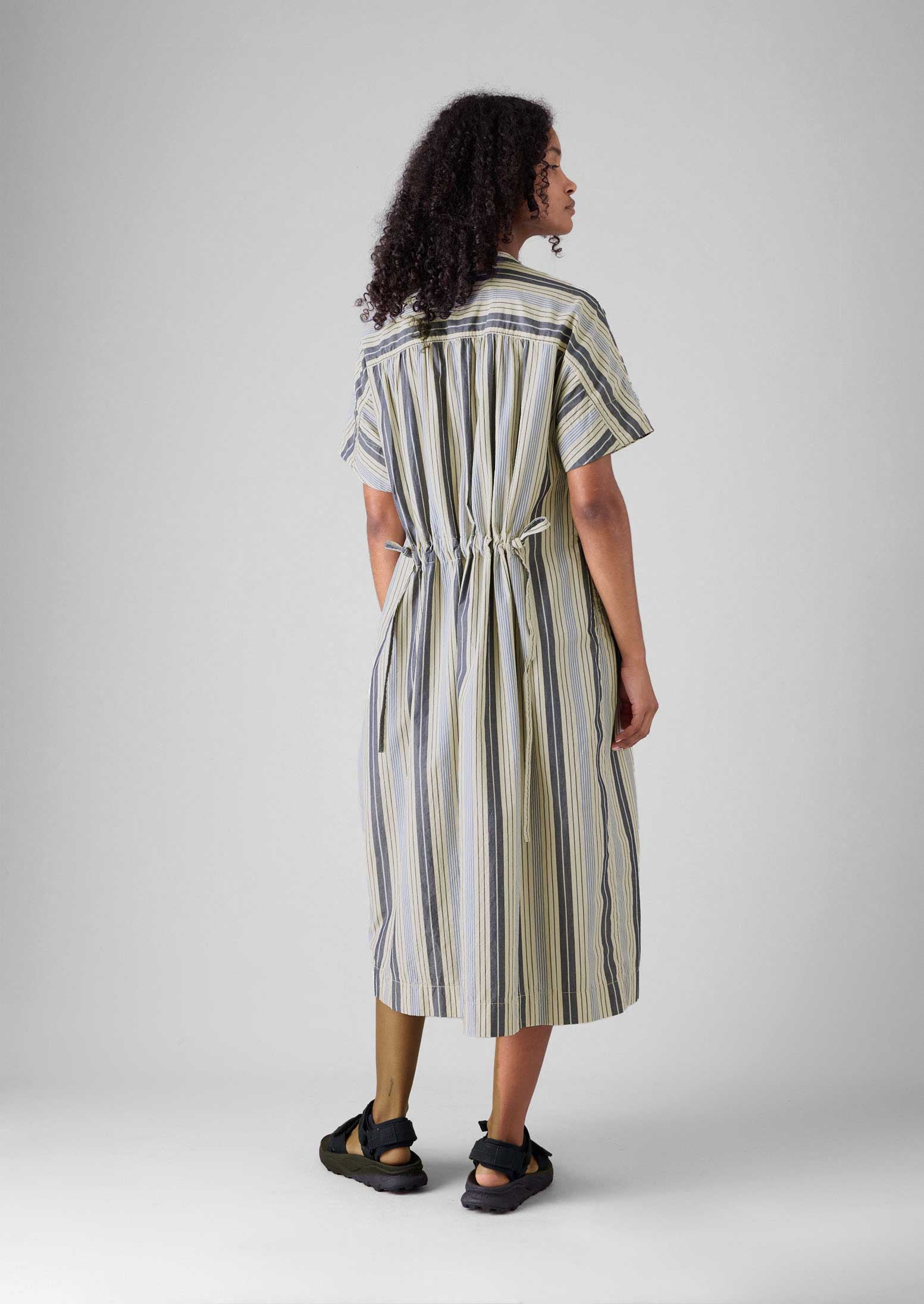 Drawstring Waist Stripe Cotton Shirt Dress | Ecru/Mixed Blues