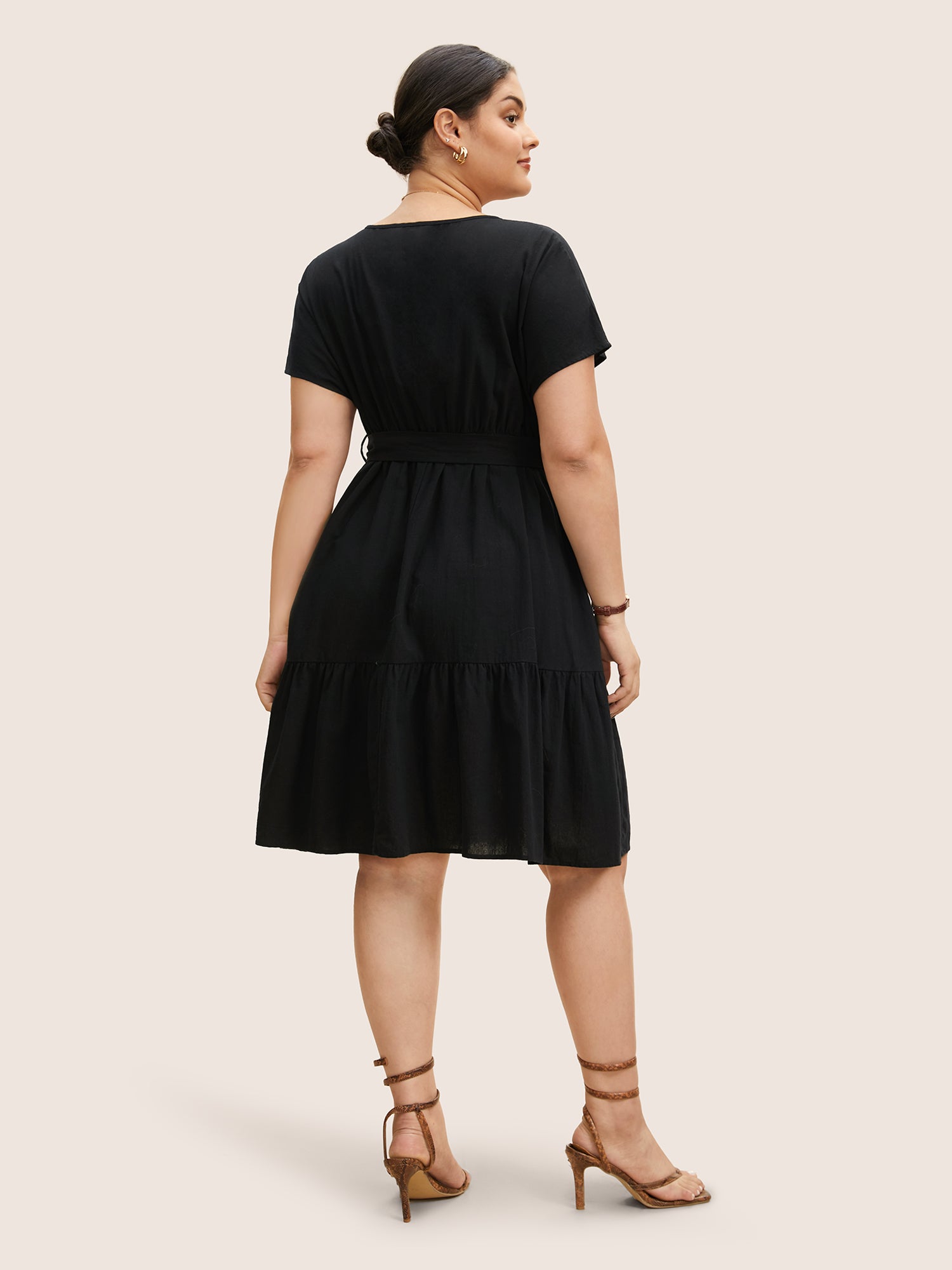 Solid Patched Pocket Belted Batwing Sleeve Dress