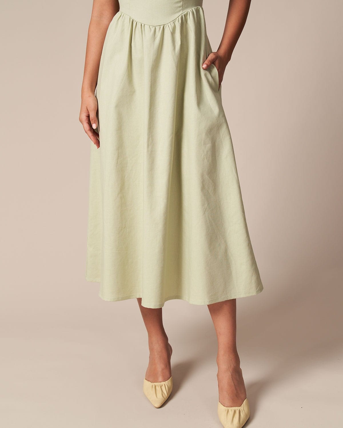 The Light Green Square Neck Shirred Midi Dress