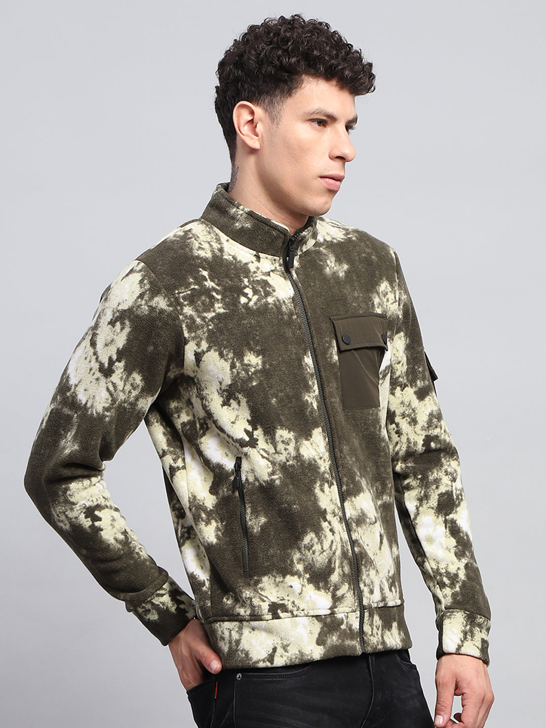 Men Olive Printed Mock Neck Full Sleeve Sweatshirt